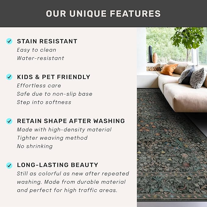 Dark Green Washable Entry Rug - Front Door Throw Rugs Indoor, Non-Slip Bathroom Small Rugs, Vintage Floral Thin Rug for Kitchen, Boho Entryway Décor (2x3 Dark Green)