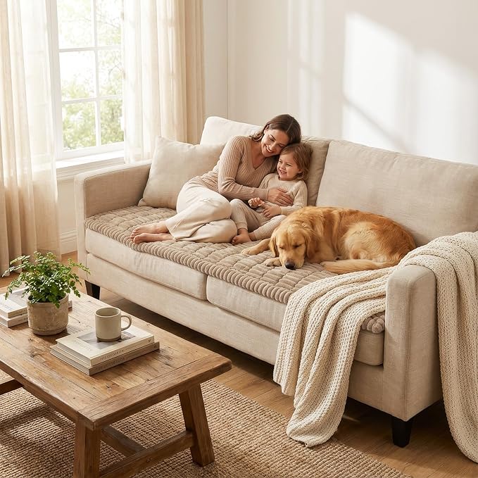 Smiry Couch Cover for Dogs Washable, Non Slip Fuzzy Pet Couch Covers for 3 Cushion Sofa Pet Friendly, Thick Soft Sofa Slipcovers Cushion Protector (Khaki, 27.6" x 59")