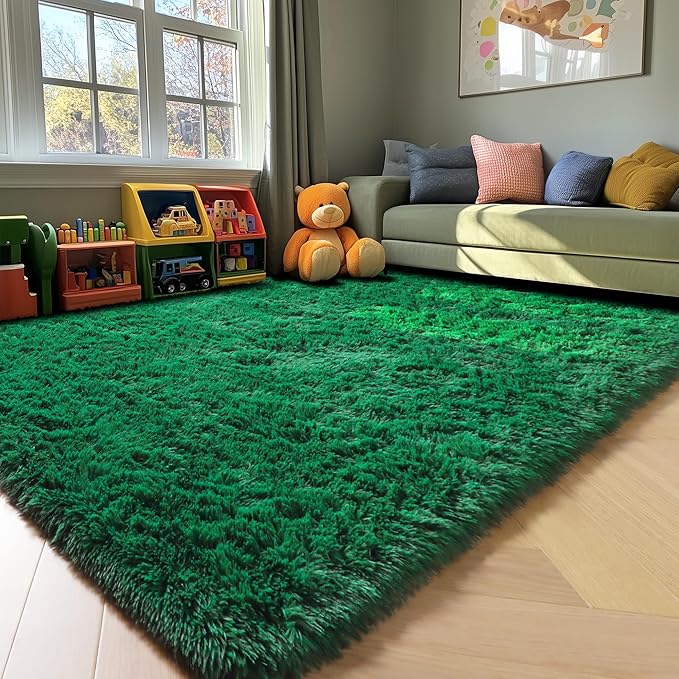 ONASAR Dark Green Area Rugs for Bedroom Living Room, 4x6 Fluffy Soft Plush Shaggy Bedside Throw Rug, Indoor Floor Carpets for Nursery Kids Girls Boys Teen Dorm Playroom Home Decor Aesthetic
