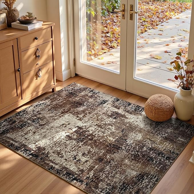Entryway Rug 3x5 Brown Bedroom Area Rug Washable Non Slip Abstract Coffee Boho Rugs for Indoor Entry, Kitchen, Classroom, Bathroom, Kids Girls Room, Office, College Dorm Small Carpet