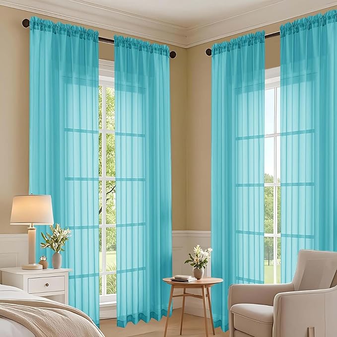 OVZME Turquoise Sheer Curtains 63 Inches Long 2 Panels Set, Light Filtering Sheer Curtains for Living Room Bedroom 59 Inch Extra Wide, Modern Voile Filmy Rod Pocket Window Drapes, 59Wx63L Inches