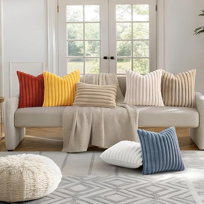 decorUhome Cozy Faux Fur Throw Pillow Covers 26x26 Set of 2 Decorative Soft Plush Striped Modern Farmhouse Boho Couch Euro Sham Pillow Cases with Velvet Back for Sofa Bed Living Room, Grey Blue