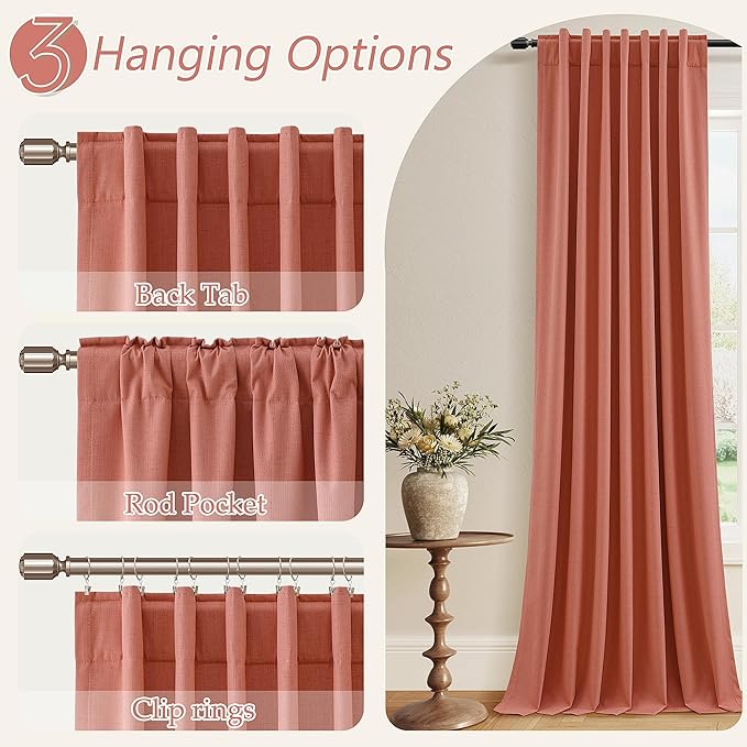 Guken Coral 100% Blackout Linen Curtains 108 Inch Length 2 Panels Set for Living Room Bedroom Back Tab Rod Pocket Thermal Insulated Farmhouse Black Out Drapes Room Darkening,52x108