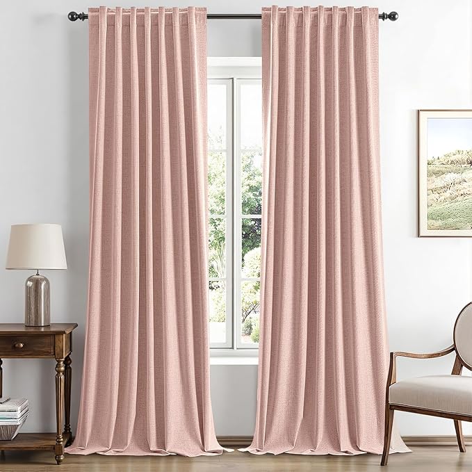 MIULEE 100% Blackout Linen Curtains for Bedroom, Blush Pink Solid Luxury Decor Thermal Insulation Room Darkening Drapes for Living Room Nursery Back Tab Rod Pocket 42 x 96 Inches, 2 Panels