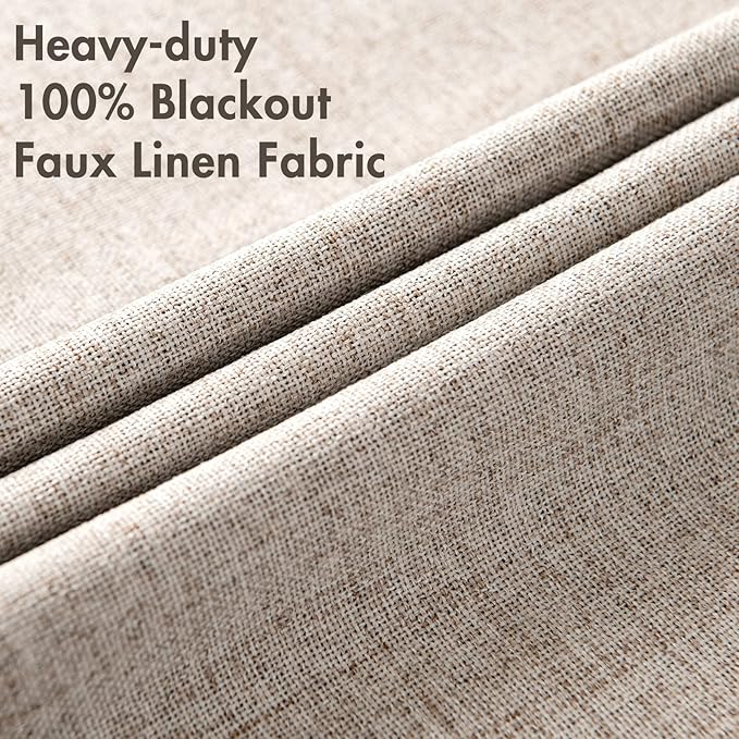 MIULEE Linen Texture Curtains for Bedroom Solid 100% Blackout Thermal Insulated Khaki Curtains Grommet Room Darkening Drapes Luxury Decor for Living Room Nursery 52x96 Inch (2 Panels)