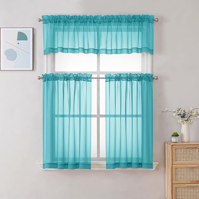 Chyhomenyc Turquoise Sheer Curtains 36 inch Length 2 Panels, Light Filtering Voile Rod Pocket Short Window Curtians for Bathroom Living Room Farmhouse Small Windows, 42Wx36L inches