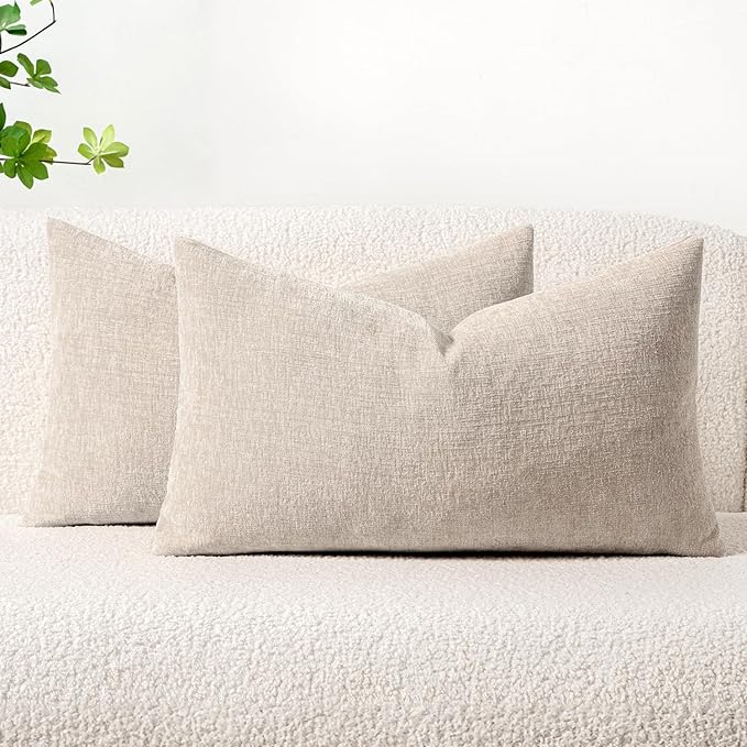 MIULEE Pack of 2 Couch Throw Pillow Covers 12x20 Inch Soft Light Brown Chenille Lumbar Pillow Covers for Sofa Living Room Solid Dyed Cases