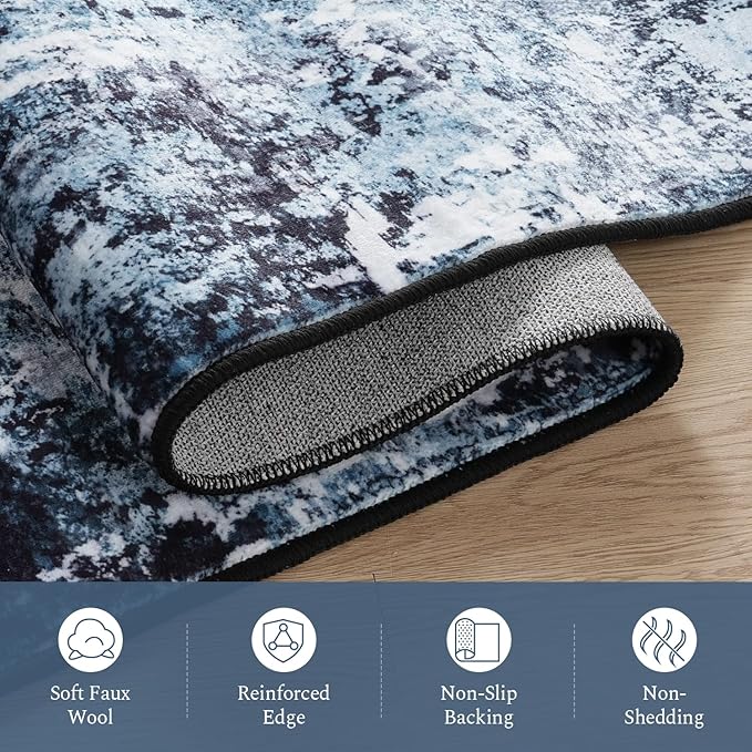 Rugflix Round Area Rugs 8Ft for Living Room, 8x8 Washable Rug Stain-Resistant Low Pile, Modern Dark Carpet for Dining Room Home Office Kid Room Nursery Bedroom, Navy Blue/Black