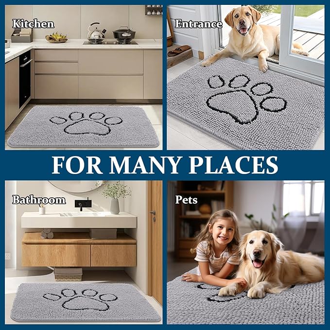 OLANLY Dog Door Mat for Muddy Paws 30x20, Paw Print Design, Absorbs Moisture and Dirt, Non-Slip Washable Doormat, Quick Dry Chenille Mud Mat for Dogs, Entry Indoor Entryway Carpet, Light Grey