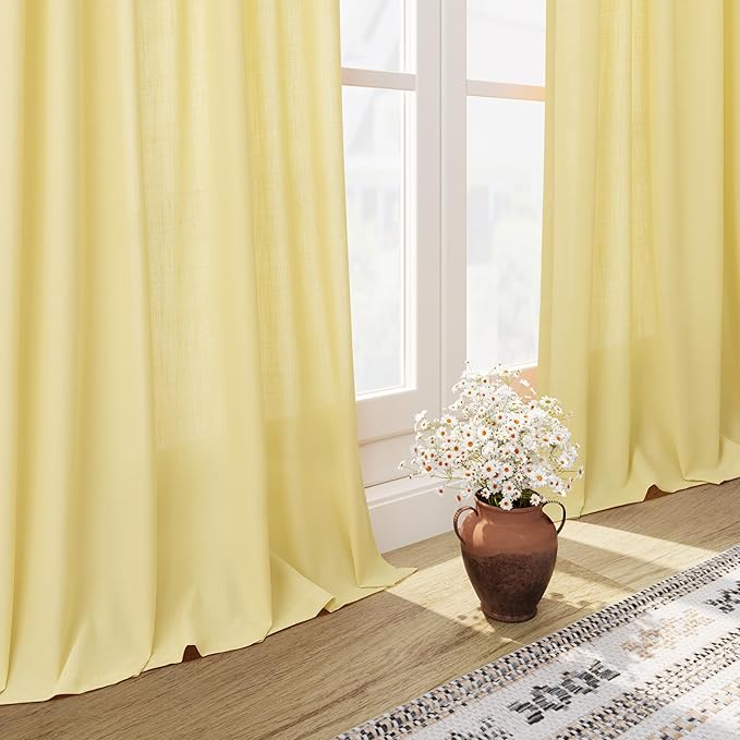 Nanspring Yellow Linen Boho Curtains for Bedroom Back Tab Rod Pocket Semi Sheer Linen Curtains 90 Inches Long 2 Panel Set Light Filtering Neutral Farmhouse Lightweight Drapes for Living Room 52x90