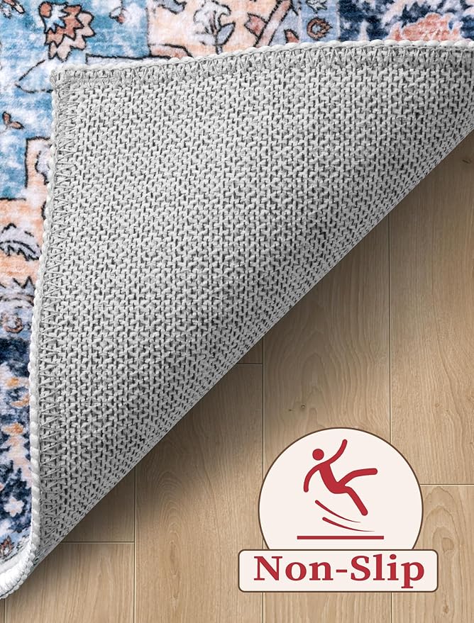 SERISSA Boho Kitchen Runner Rug, 3x7 Washable Non-Slip Runner Rug for Hallways Kitchen Rug, Ultra Soft Vintage Blue Orange Print Distressed Tribal Floor Carpet Runner for Bedroom Entryway Laundry Room