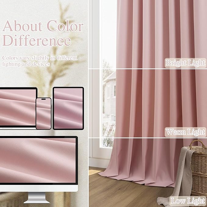 Guken Pink 100% Blackout Linen Curtains 102 Inch 2 Panels Set for Girl's Bedroom, Living Room, Nursery, Back Tab Rod Pocket Thermal Insulated Black Out Drapes Room Darkening Window Curtains