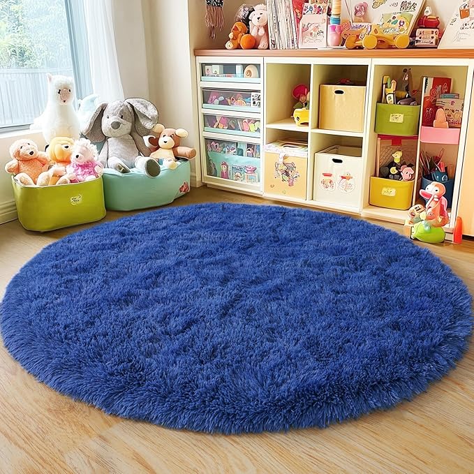 4'x4' Blue Round Rug for Bedroom, Ultra Soft Fluffy Circle Rug for Kids Girls Boys Room, Cute Shag Rugs for Living Room Playroom Teen Room Home Decor Rug
