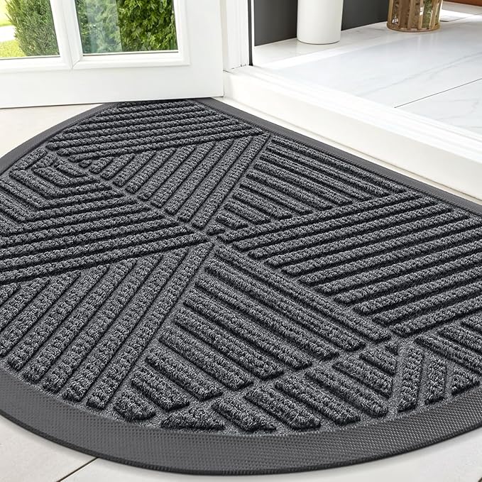 Smiry Half Circle Front Door Mat Outside Entrance, Heavy Duty Sturdy Natural Rubber Doormat, Trap Dirt and Moisture, Low Profile Mats for Indoor Outdoor Entry, Irregular Triangle (47x32, Grey)