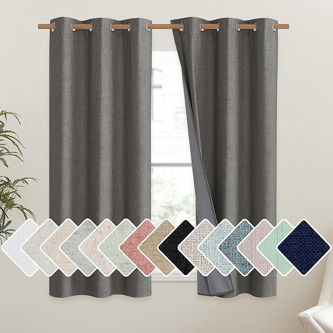 NICETOWN Grizzle Gray Vintage Linen 100% Blackout Curtains for Dining Room, Thermal Insulated Curtains 54" Long, Noise Reducing Window Treatment Drapes for Kitchen, 42" Wide Per Panel, Set of 2