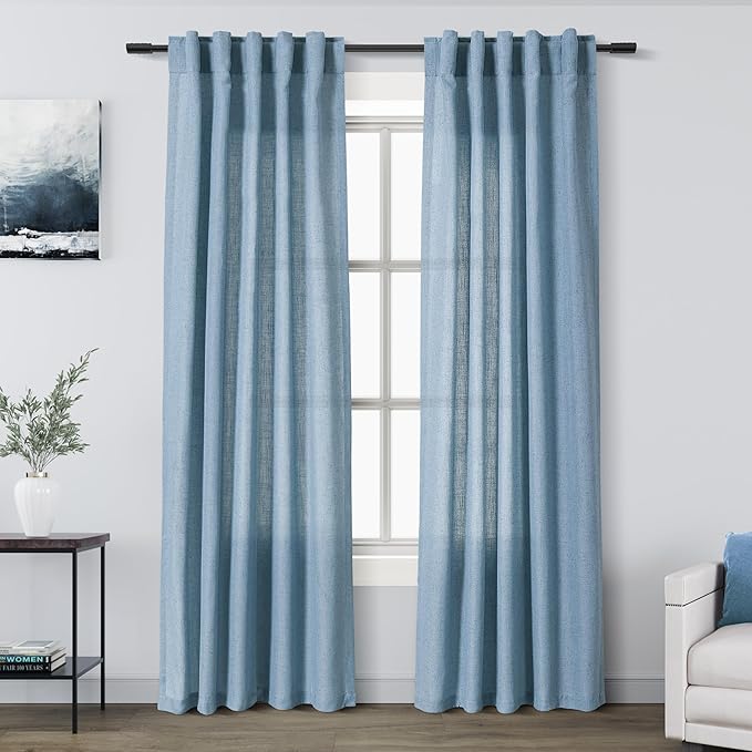 Blue Linen Blend Drapes 84 Inch Length 2 Panels Set Back Tab Rod Pocket Light Filtering Semi Sheer Textured Dusty Blue Vertical Curtains Boho Farmhouse Decor Curtains for Living Room Bedroom 40x84