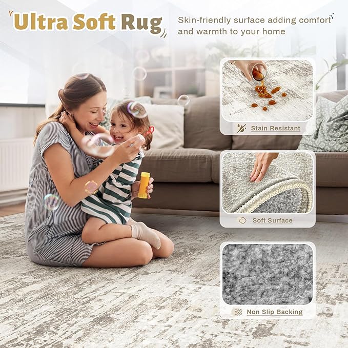 XLUEZ 5x7 Area Rugs for Living Room, Washable Modern Abstract Large Area Rug Neutral Soft Non Slip Kids Rug Stain Resistant Indoor Carpet for Bedroom Nursery Dining Room Playroom(BeigeBrown, 5'x7')
