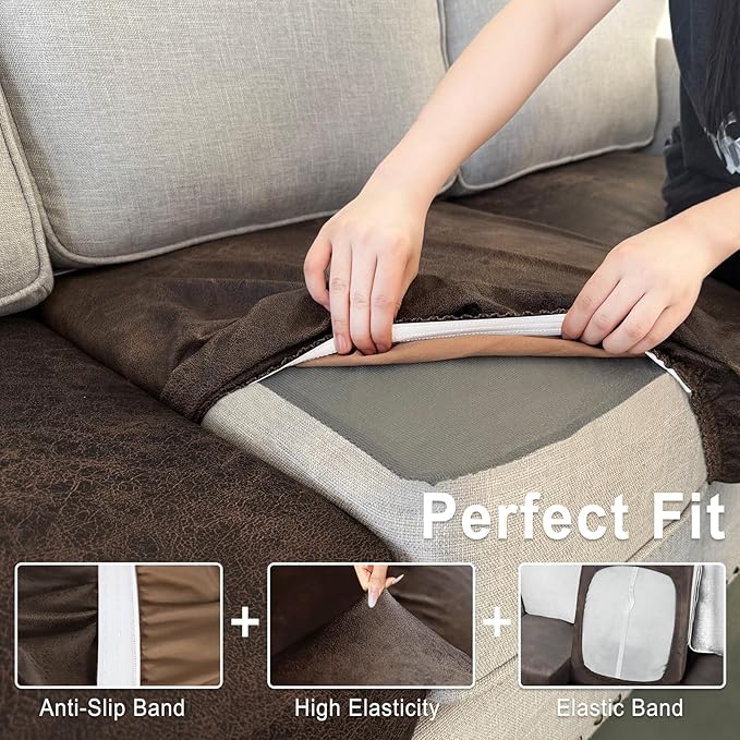 Leather Look Couch Cushion Covers Sofa Seat Slipcovers Sets Couches Furniture Protector for Sectional Armchair Loveseat Pets Kids Stretch Spandex Fabric (2 Cushion Sofa, Brown)