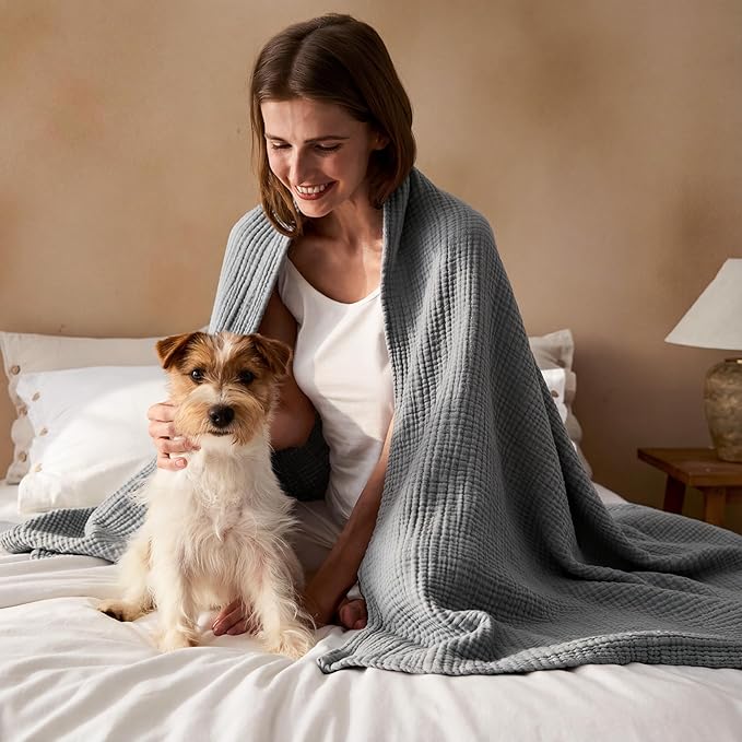 Bedsure 100% Cotton Muslin Throw Blanket Twin XL for Bed - 4-Layer Breathable and Lightweight Thin Soft Summer Gauze Muslin Blankets for Adults, Grey, 66x90 Inches