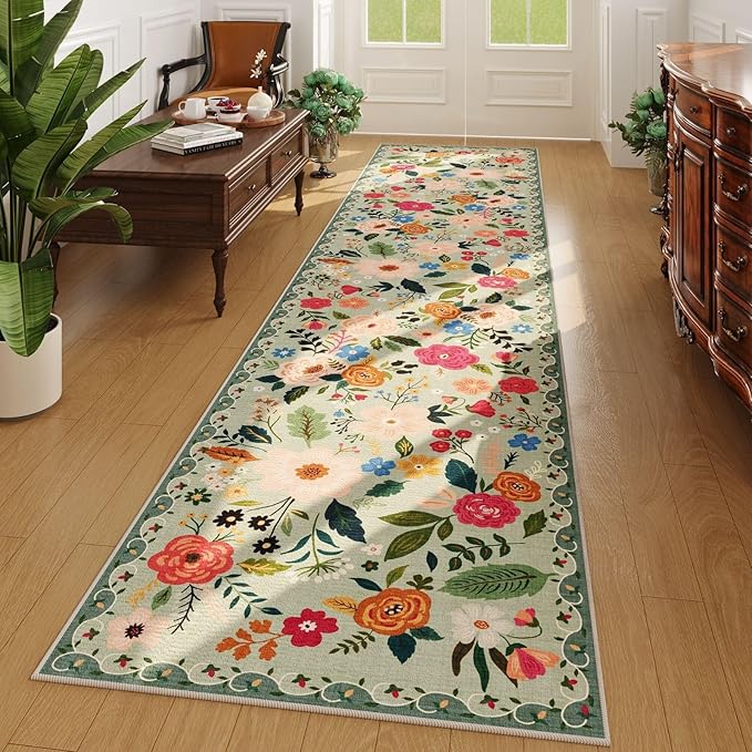 Rugcomf Washable Kitchen Runner 2'7"x12' - Floral Long Hallway Runner Rug Non Slip, Boho Carpet for Entryway, Hall, Bathroom - Green