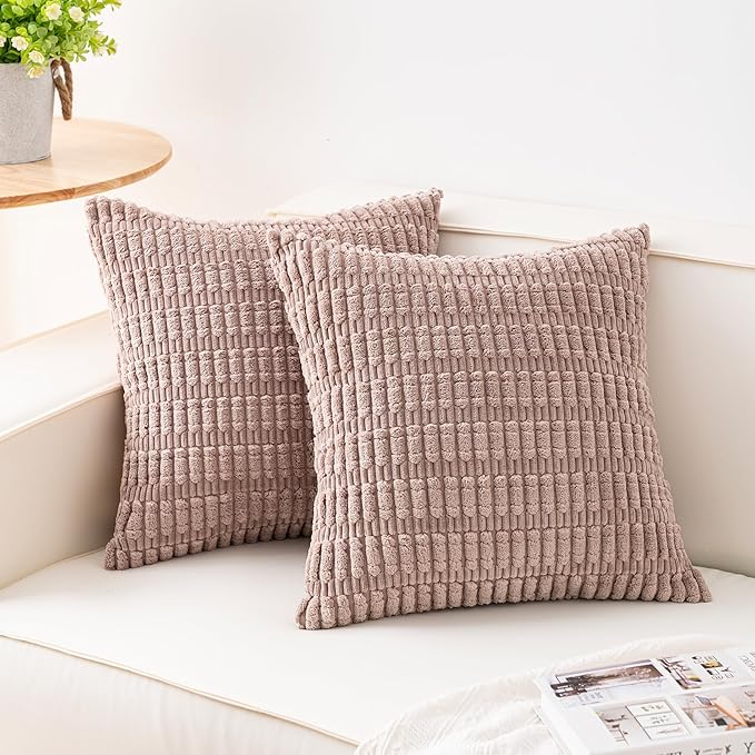 Pack of 2 Corduroy Decorative Throw Pillow Covers 16x16 Inch Soft Striped Pillow Covers Modern Farmhouse Home Decor for Sofa Living Room Couch Bed（Light Brown）