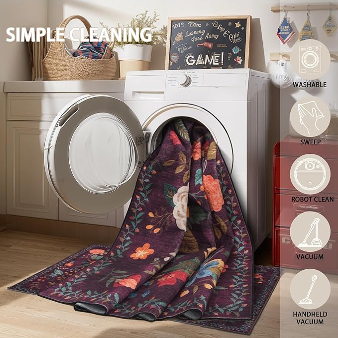 Area Rug 4x6 Rug Washable Boho Rugs Non Slip Low Pile Floral Small Carpet for Bedroom, Bedside, Kids Room, Office, Dining Room(4 x 6, Purple Lawn)