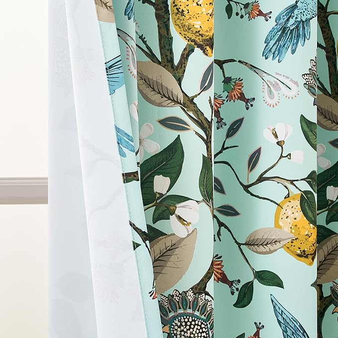 Topfinel 72 Inches Long Floral Curtains for Living Room Vintage French Country Grommet Botanical Hummingbird Woodland Patterned Mint Green Lemon Drapes for Bedroom Dining Living Room