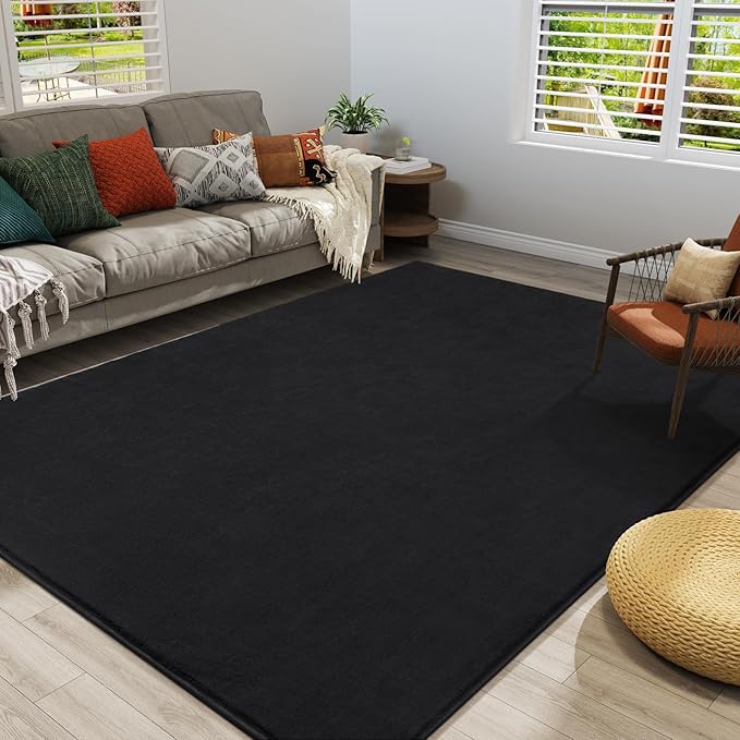 Amearea Large Modern Area Rugs for Bedroom Living Room, 5x8 Feet Black Thickened Memory Foam Rug, Fluffy Indoor Washable Rugs Non Slip Minimalist Carpet for Boys Girls Dorm Nursery Room Decor