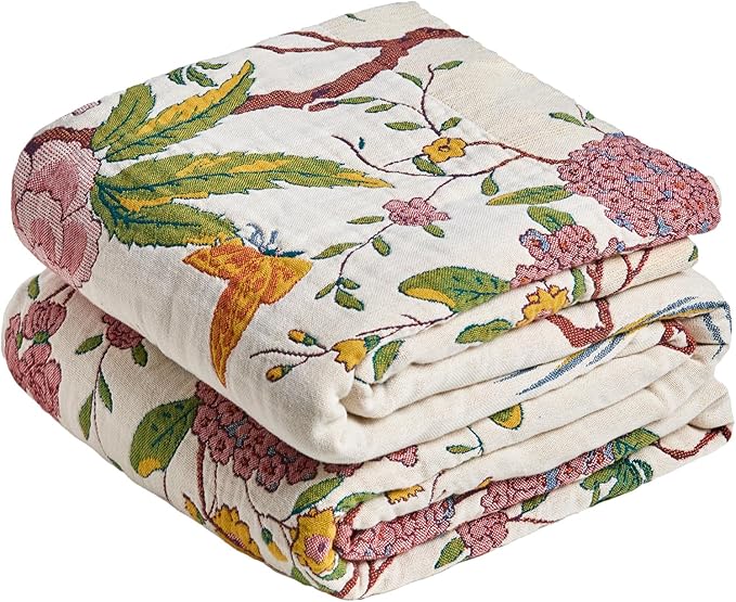 MSGKV The Boho Layer: 50"x60" Cotton Throw Blanket – Lightweight & Reversible Chinoiserie Floral & Bird Pattern, Spring Decorative Accent for Couch Snuggles, Bed Layers & Road Trips