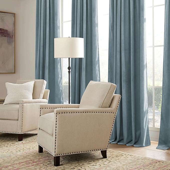 RYB HOME Stone Blue Velvet Curtains 63 inches with Hook Belt, Soft Fabric Room Darkening Thermal Insulated Luxurious Home Decor Curtains for Living Room Bedroom, W 42" x L 63", 2 Panels Set