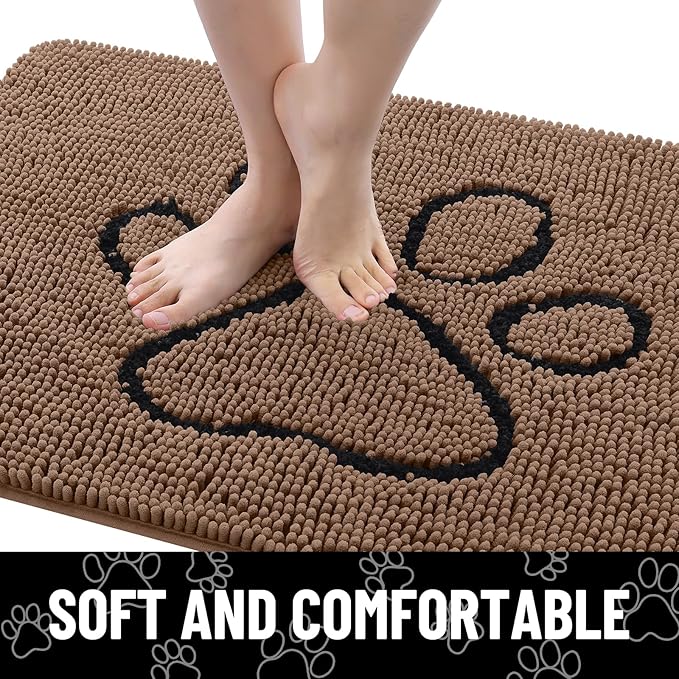 Smiry Dog Door Mat for Muddy Paws, Absorbent Dirt Trapper Non Slip Quick Dry Washable Chenille Mat for Mud Dogs, Entry Rug for Indoor and Outdoor (30x20 Inches, Coffee and Black)