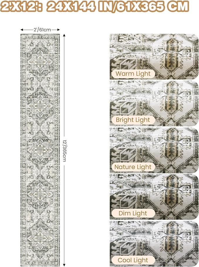 Hallway Runner Rug 2x12, Extra Long Washable Runner Rugs with Rubber Backing, Non Slip Runner, Vintage Rug Runners for Kitchen Laundry Room Entryway (Grey/Beige,2'x12')
