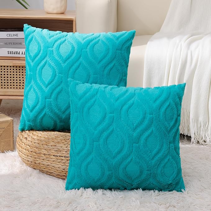 decorUhome Summer Throw Pillow Covers 20x20 Inch Set of 2, Soft Plush Faux Wool Turquoise Solid Couch Pillow Covers, Accent Farmhouse Neutral Square Pillow Cases for Sofa Bed Living Room