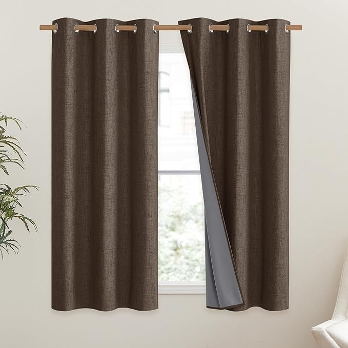 NICETOWN Coffee Vintage Linen 100% Blackout Curtains for Dining Room, Thermal Insulated Curtains 45" Long, Noise Reducing Window Treatment Drapes for Kitchen, 42" Wide Per Panel, Set of 2