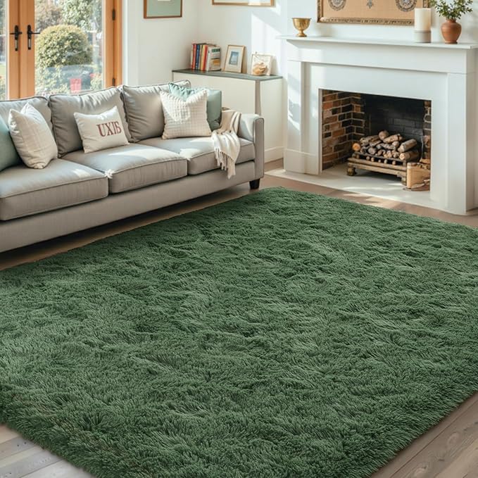 5x7 Ft Shag Green Area Rug for Bedroom Living Room, Ultra Soft Fluffy Furry Rugs for Indoor Floor, Aesthetic Carpet for Kids Home Decor