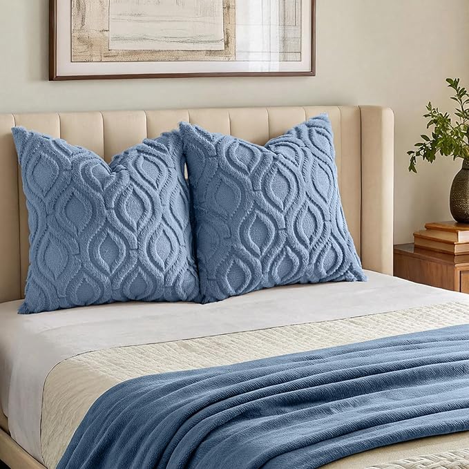 decorUhome Throw Pillow Covers 22x22 Inch Set of 2, Soft Plush Faux Wool Dusty Blue Solid Couch Pillow Covers, Accent Euro Sham Farmhouse Neutral Square Pillow Cases for Sofa Bed Living Room