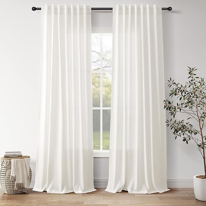 Nanspring Neutral Linen Curtains 90 Inches Long for Living Room Light Filtering Semi Sheer Curtain Coastal Modern Farmhouse Decor Drapes for Bedroom Office Back Tab and Rod Pocket 52x90, 2 Panels