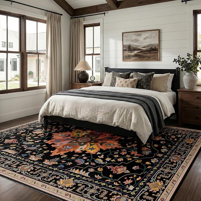RELEANY Area Rugs 6'x9' Washable Non-Slip, Floral Vintage Distress Print Pattern Medallion Carpet for Living Room Bedroom Dining Room, Black Colorful Floral Dark Tan