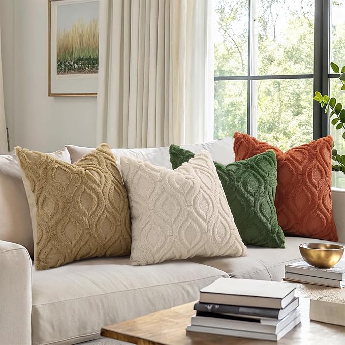 decorUhome Throw Pillow Covers 16x16 Inch Set of 2, Soft Plush Faux Wool Beige Solid Couch Pillow Covers, Accent Farmhouse Neutral Square Pillow Cases for Sofa Bed Living Room