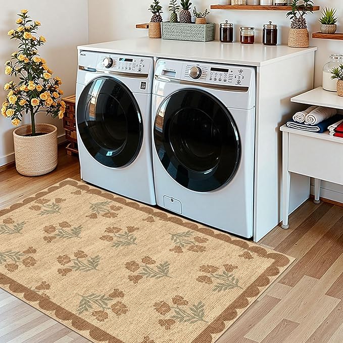 3x5 Floral Entry Rug - Small Washable Indoor Outdoor Mats for Front Door Non-Slip Jute-Look Porch Rug Boho Tan Scalloped Throw Rugs for Living Room Bedroom Entryway Kitchen Office Porch Decor