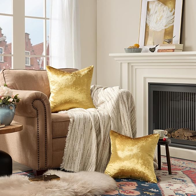 GIGIZAZA Gold Velvet Decorative Throw Pillow Covers 24x24 for Sofa Bed 2 Pack Soft Cushion Cover