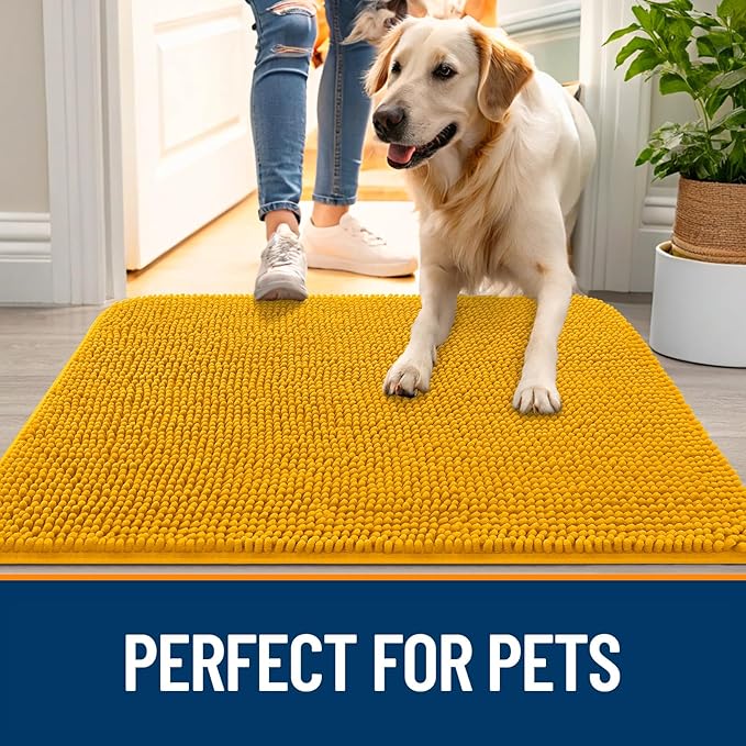 OLANLY Dog Door Mat for Muddy Paws 47x24, Absorbs Moisture and Dirt, Absorbent Non-Slip Washable Doormat, Quick Dry Chenille Mud Mat, Entry Indoor Entryway Carpet for Inside Floor, Golden Yellow