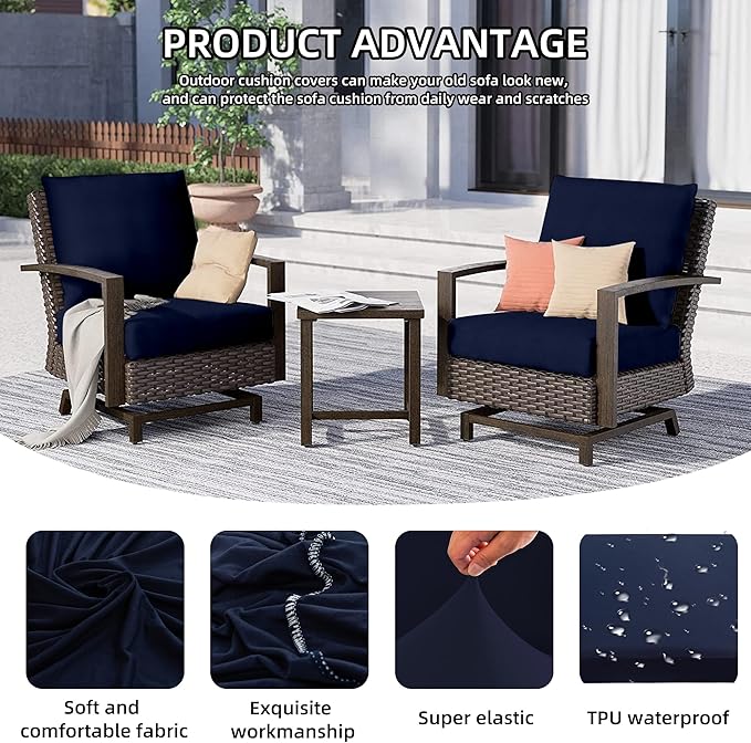 12Pcs Outdoor Cushion Covers, Patio Cushion Covers,Stretch Elastic Slipcovers, Replacement Washable & Reusable Furniture Protector for Patio Couch (Navy Blue,Cover Only)