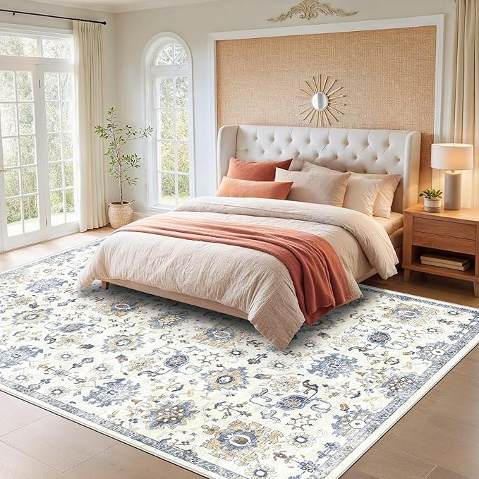 AMADA HOMEFURNISHING 9x12 Washable Area Rug, Low-Profile Large Area Rug with Non-Slip Backing & Durable Edge Binding, Vintage Large Rugs for Living Room, Bedroom & Dining Room