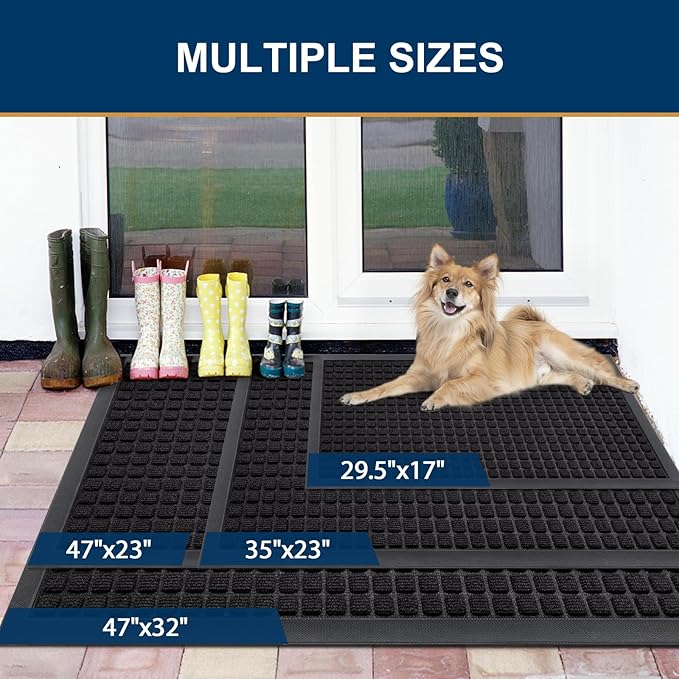 Smiry Front Door Mat Outside Entrance, Heavy Duty Natural Rubber Doormat, Non Slip, Trap Dirt and Moisture, Easy Clean, Low Profile Welcome Floor Mats for Indoor Outdoor Entry, 35x23 Inch, Black