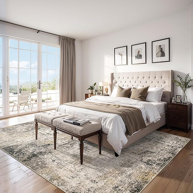 Area Rugs Living Room Rug - 4x6 Washable Modern Abstract Soft Neutral Non-Slip Carpet Large Indoor Floor Thin Carpets for Bedroom Dining Room Farmhouse Nursery Home Office Brown Black Grey