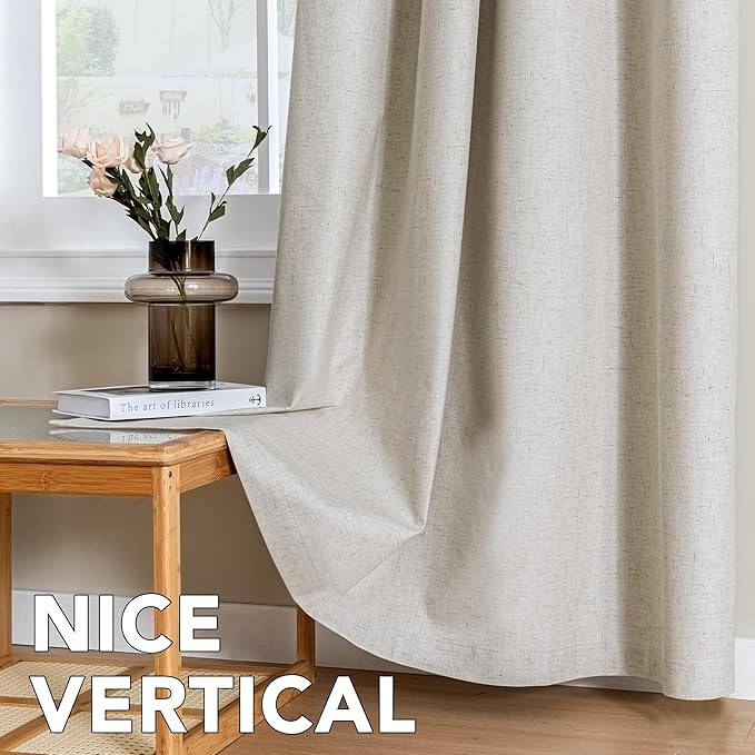 H.VERSAILTEX Linen Curtains 100% Blackout Curtains for Bedroom 102 inch Long Full Light Blocking Nature Linen Blended Window Curtains for Living Room Nickel Grommet (2 Panels, Heathered Linen)