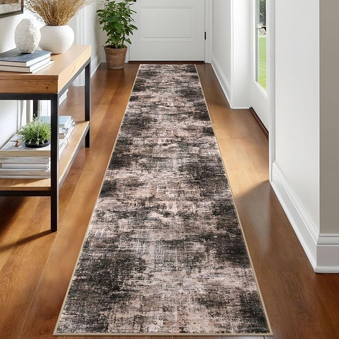 IOHOUZE Abstract Runner Rug 2x12 Ft Washable Runners for Hallways, Non Slip Kitchen Runner Printed Faux Wool Entryway Runner Indoor, Modern Abstract Floor Carpet for Hall Kitchen, Brown/Rust