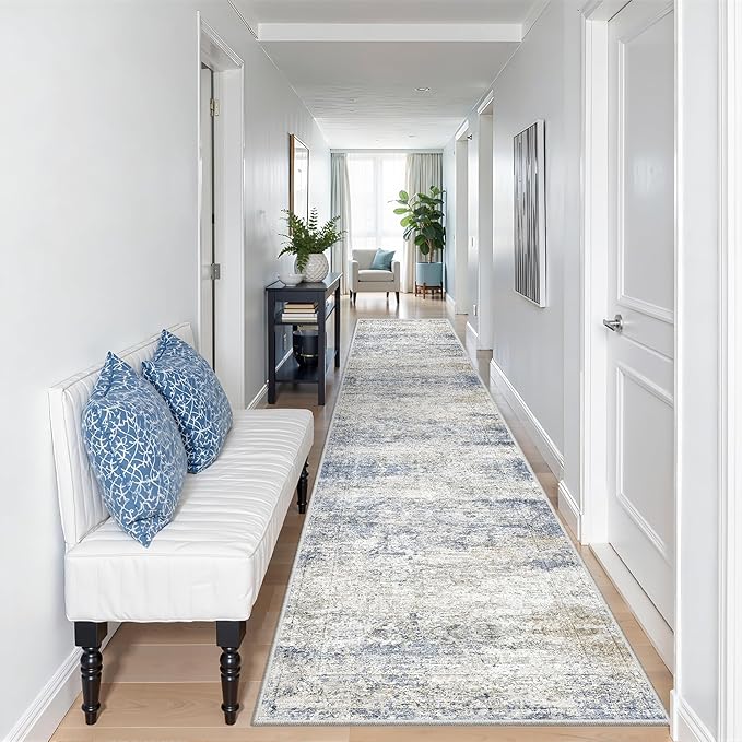 Long Rugs Runner - Washable Runner Rugs for Hallway 2x10, Ultra-Thin Soft Kitchen Carpet Runner, Anti Slip Backing Runner Rugs for Entrance, Bedroom, Living Room(2'x10', Blue/Brown/Ivory)