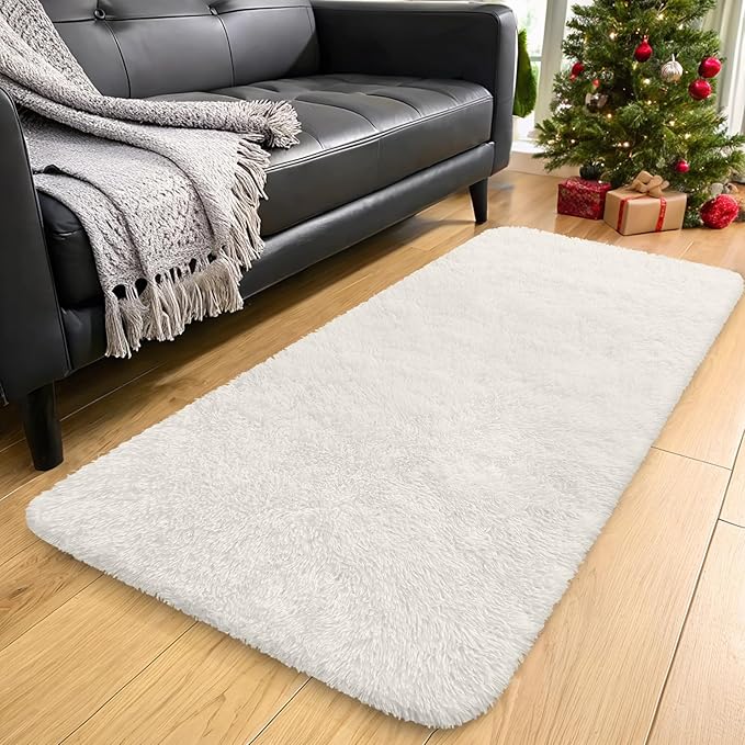OLANLY 3x6 Machine Washable Runner Rugs for Hallway, Soft Fluffy Shaggy Bedside Rugs for Bedroom, Living Room, Indoor Floor Carpet for Kids Girls and Boys, Nursery Rooms, Home Decor Aesthetic, Ivory